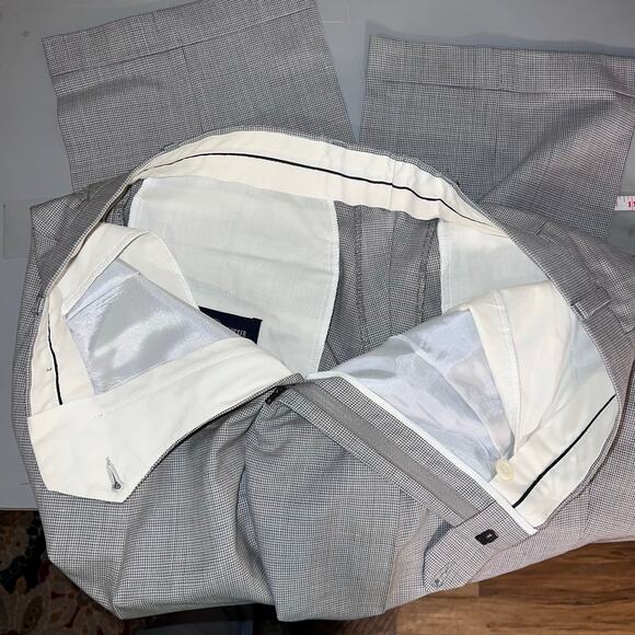 Alan Flusser men 32 micro houndstooth pleated wool linen cuffed dress pants flaw - Picture 9 of 11